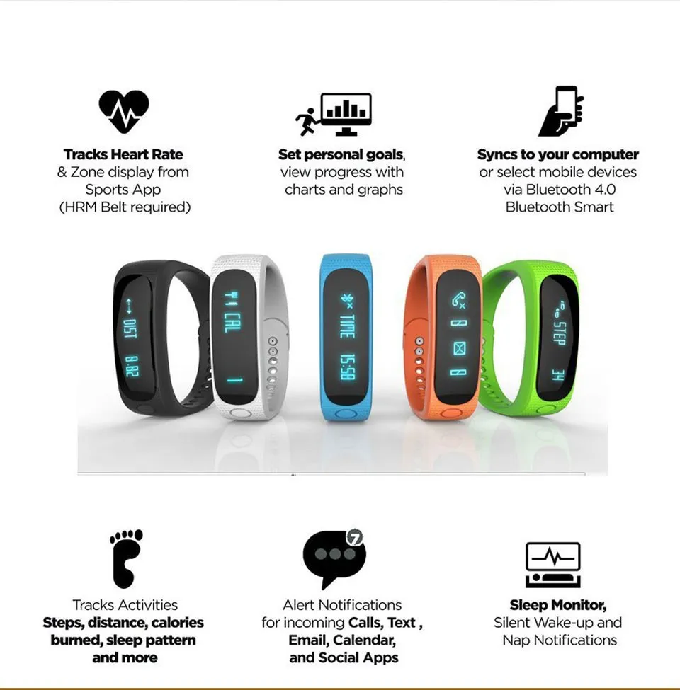 E02 Smart Armband Klockor Vattentät Bluetooth Aktivitet Tracker Armband Band Ring SMS Remind Sport Watch Connecte för iPhone Android Watch