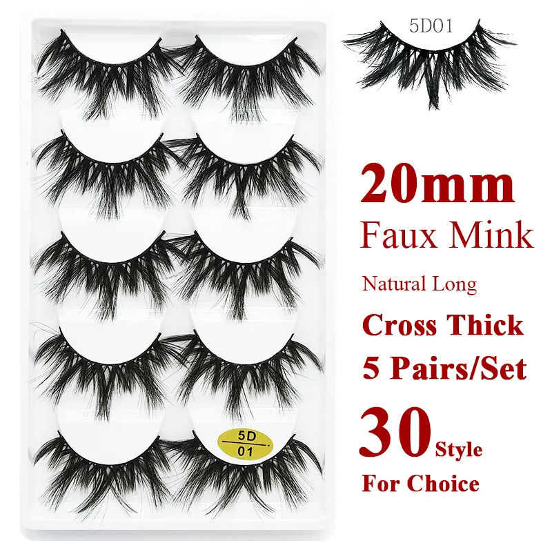 5pairs 5D vizon Kirpikleri uzun makyaj kirpik uzatma aracı kalın hacim 20mm Yanlış Eyelashes çapraz faux