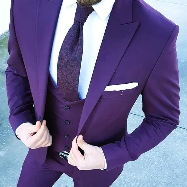 Nova Marca Nova Um Botão Roxo Do Noivo Do Casamento Smoking Pico Lapela Groomsmen Homens Ternos Blazer Prom (Jacket + Pants + colete + Gravata) 086