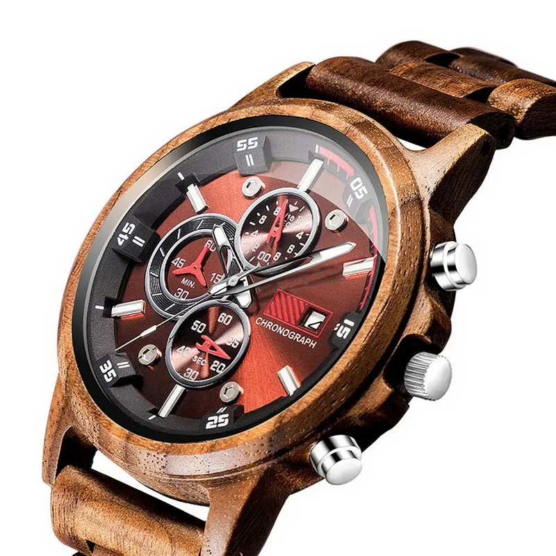 木製の時計日表示カジュアルメンズ高級木製クロノグラフスポーツ屋外のミリタリークォーツ腕時計Masculino LY191216