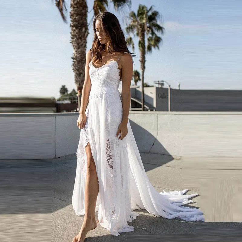 2020 Beach Wedding Dress See Through Robe De Mariee Split Chiffon Lace Sexy Bridal Dresses Boho Spaghetti Straps