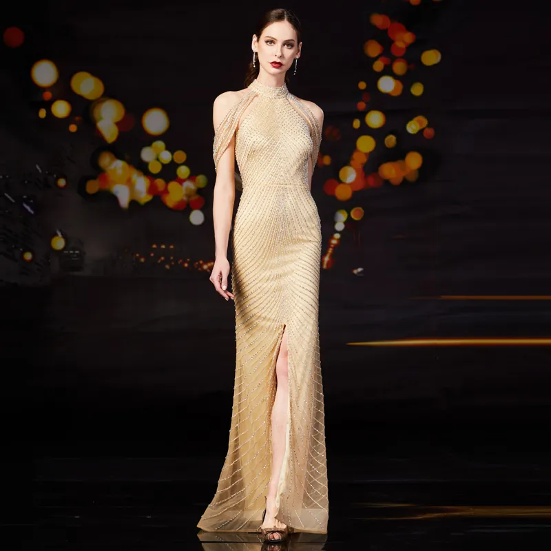 Modern Front Slit Champagne Evening Dresses Robe Longue Luxury Crystal Sexig Mermaid Prom Dresses High Neck Vestidos de Gala
