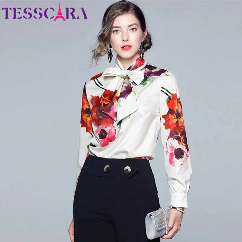 Tesscara Kadınlar Bahar Zarif Çiçek Baskı Bluz Gömlek Kadın Moda Yay Tasarımcı Ofis Parti Chemise Üst Bayan Tops Bluzlar