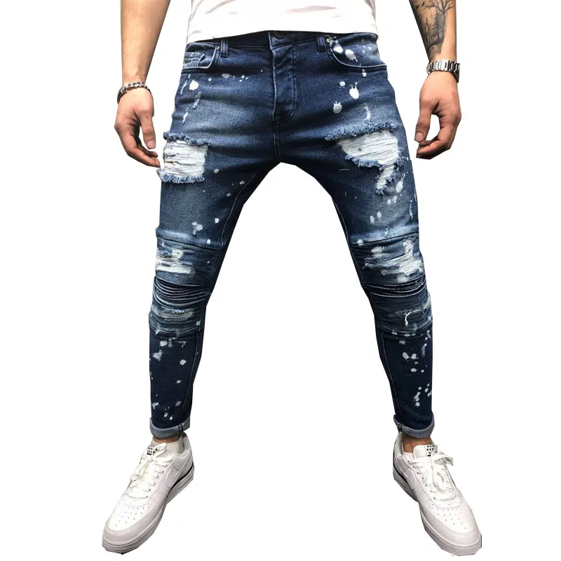 Mężczyźni Stretch Zniszczony Ripped Paint Point Biker Jeans New Fashion Zipper Skinny Dżinsy
