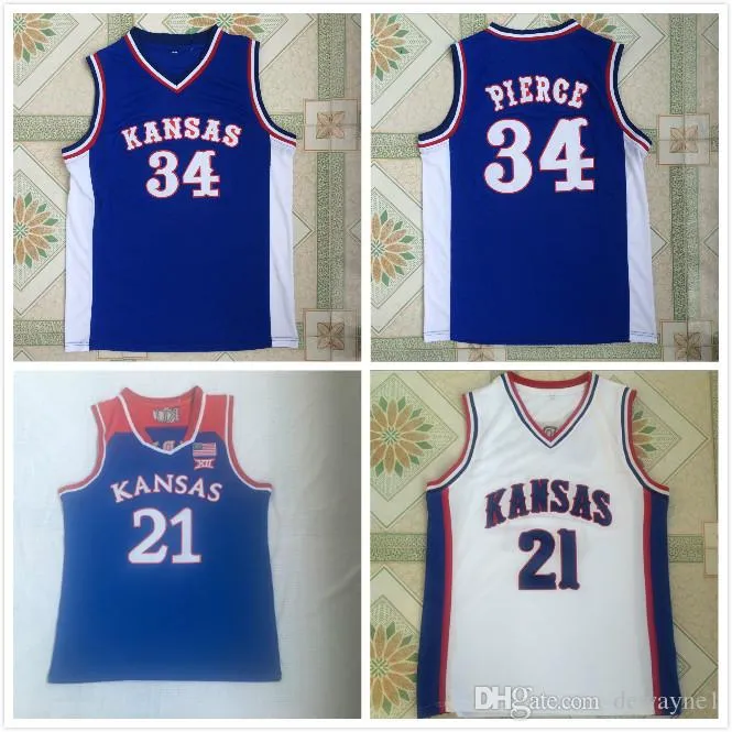 Kansas Jayhawks Wilt Chamberlain Jersey Men College Joel Embiid 21 Paul Pierce 34 Andrew Wiggins University Blue White Basketer Jersey