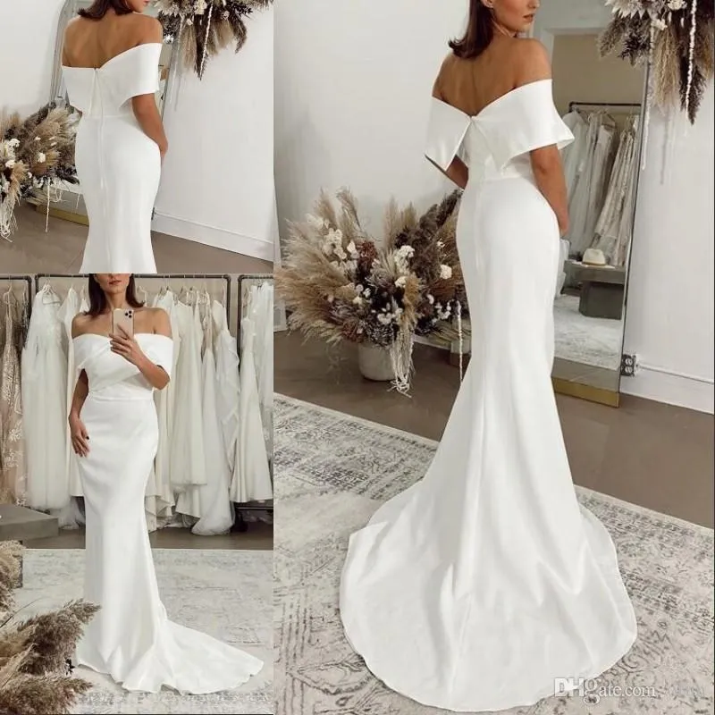 Cheap Simple Off Shoulder Mermaid Wedding Dresses Pleats Sweep Train Wedding Dress Bridal Gowns Vestidos De Noiva Robes De Mariée