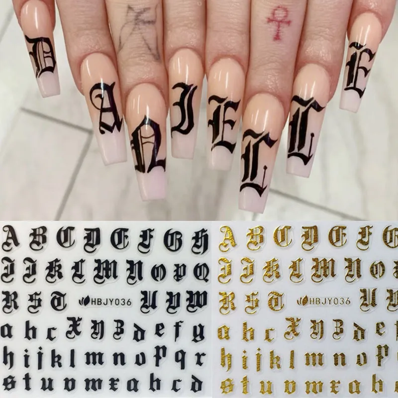Nail Art 3D Decal Stickers Alphabet Letters White Black Gold Acrylic