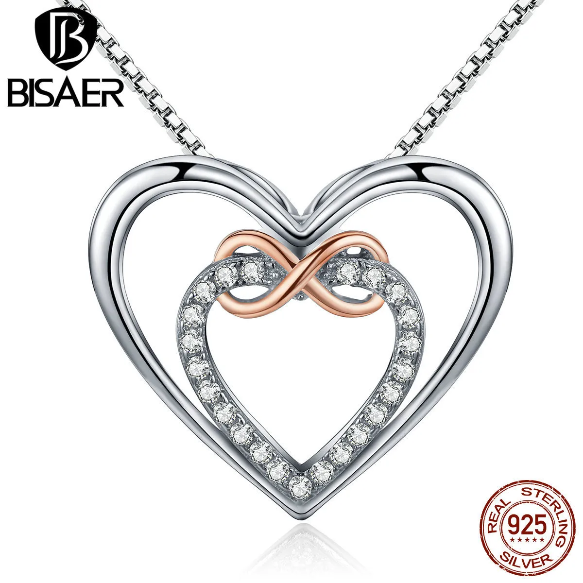 Bisaer 925 Sterling Silver Infinity Love Forever Heart Pendant Necklace Women Sterling Silver Jewelry Valentine Day Gift Gxn121 J190711