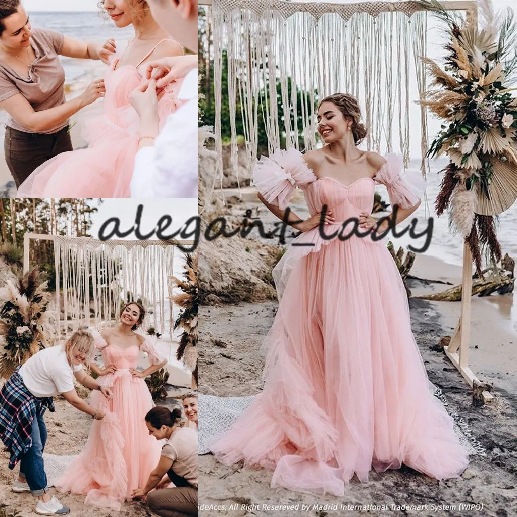 Uroczysta Peach Peach Beach Suknie ślubne z rękawami 2021 Sweetheart Fairy Tulle Princess Summer Bohemian Bride Wedding Dress