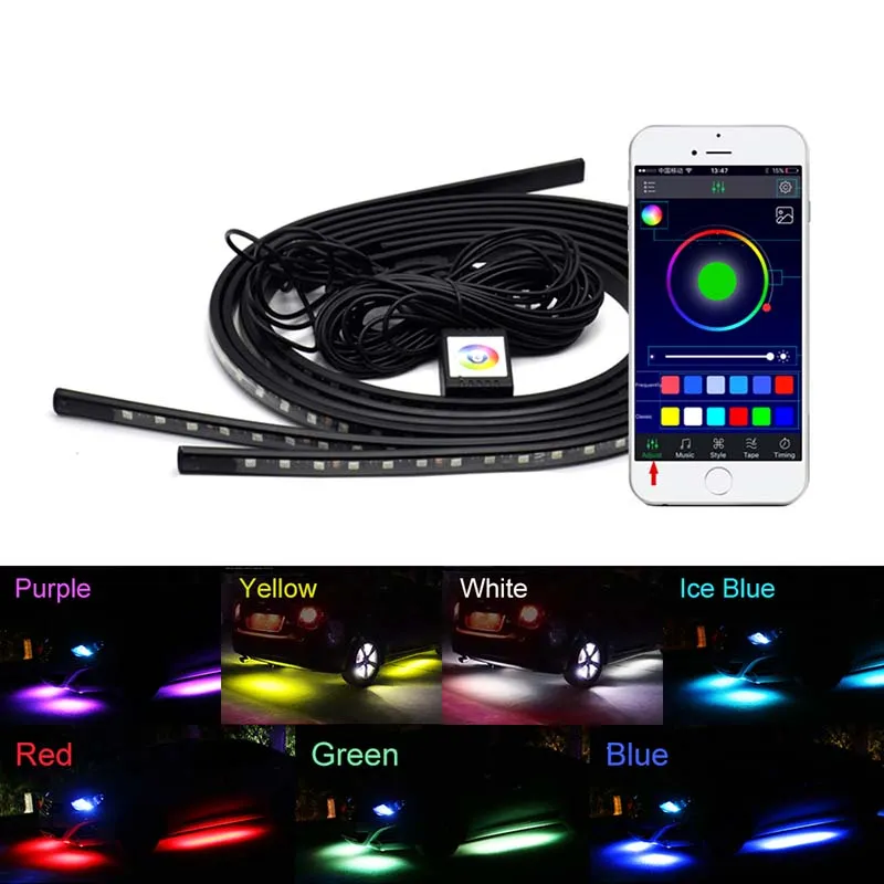 Auto Styling Auto LED RGB Light Flexible Strips App Control Decoratieve sfeer Interieur Externe lamp onder Tube Neon Lights