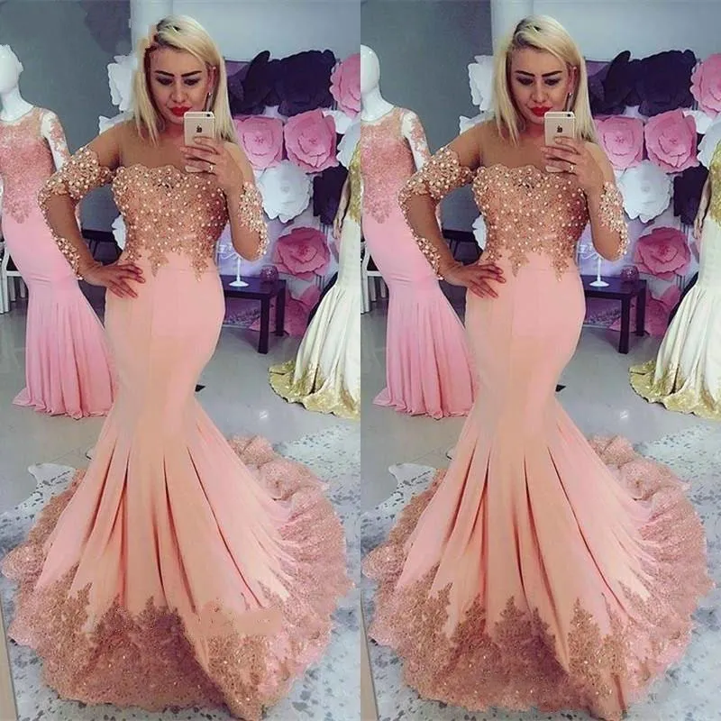 Peach Elegant Mermaid Prom -klänningar med täckta långa ärmar spetsapplikationer pärlor se genom nackform formell slitage aftonklänning