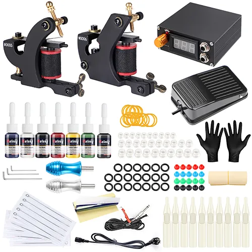 Komplett Tattoo Machine Kit Set Coils Guns Färger Pigment Sets Power Tattoo Nybörjare Grips Kits Permanent Makeup