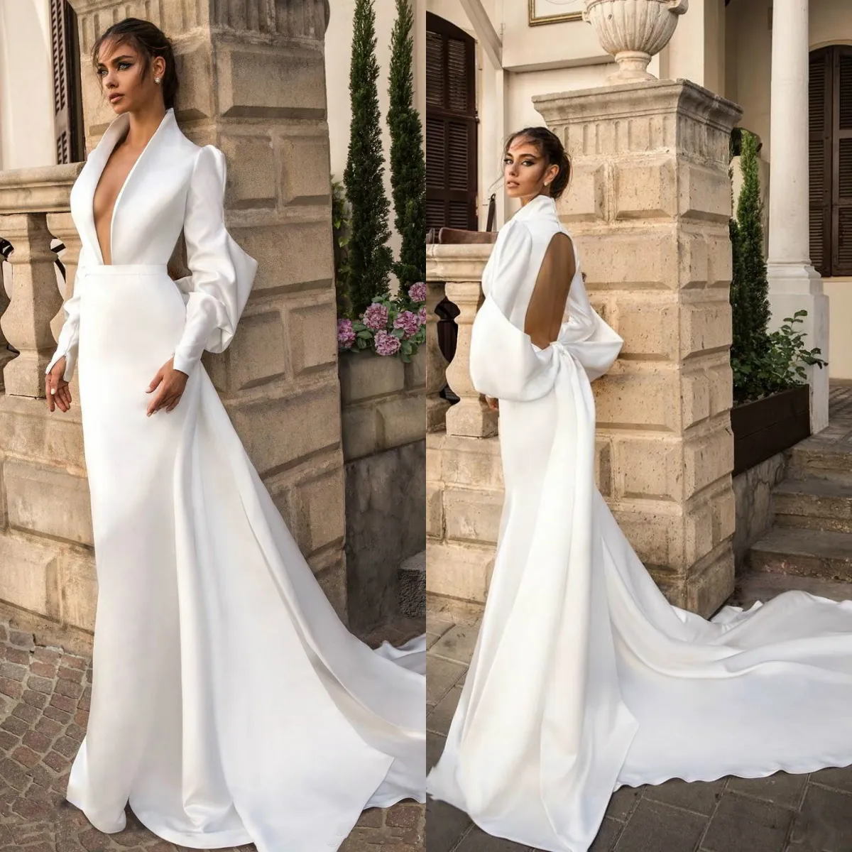 Elihav Sasson Satin-Hochzeitskleider, tiefer V-Ausschnitt, lange Ärmel, Garten, Sweep-Zug, Plus-Size-Hochzeitskleid, Brautkleider