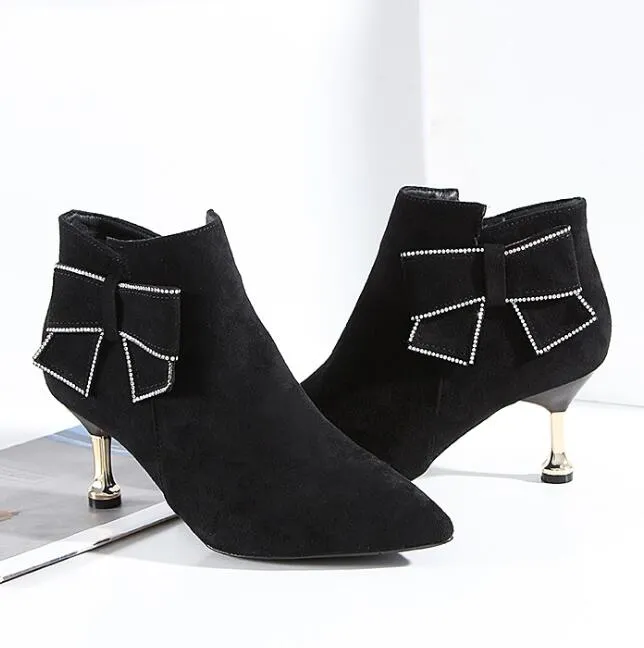 Women Ankle Boots Mid High Heels Short Boots 2019 Winter Pointed Toe Spike Heels Autumn Shoes Slip On Black Shoe