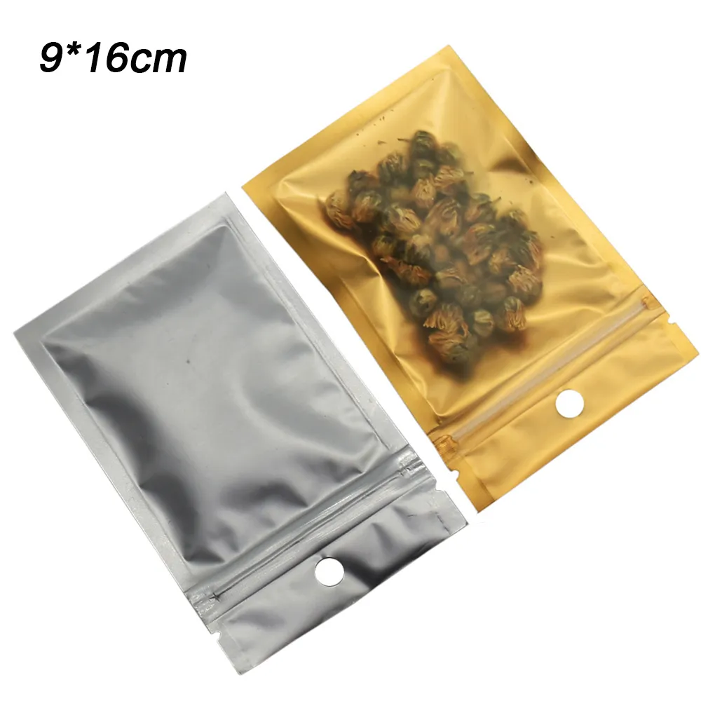 9 * 16cm Självtätning Zip Lock Bag Matte Clear / Golden Aluminium Folie Matpaket Reclosable Zip Lock Plastpåse med hänghål för torkad mat