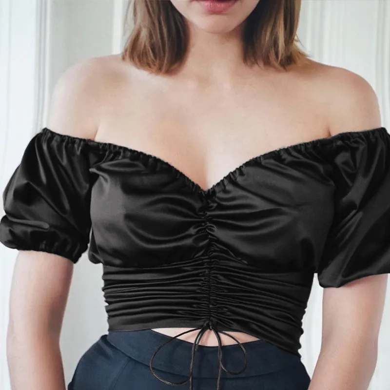 Vintage Slik Satin Blouse Women Short Sleeve Womens Tops and Blouses V Neck Summer Blusas Bandage blusas mujer de moda 2019