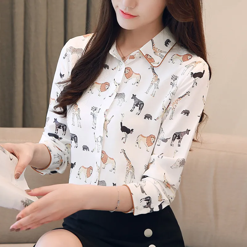 Animaux mignons imprimer femmes Blouse nouveau petit haut col rabattu à manches longues haut S-XXL blanc Blouse