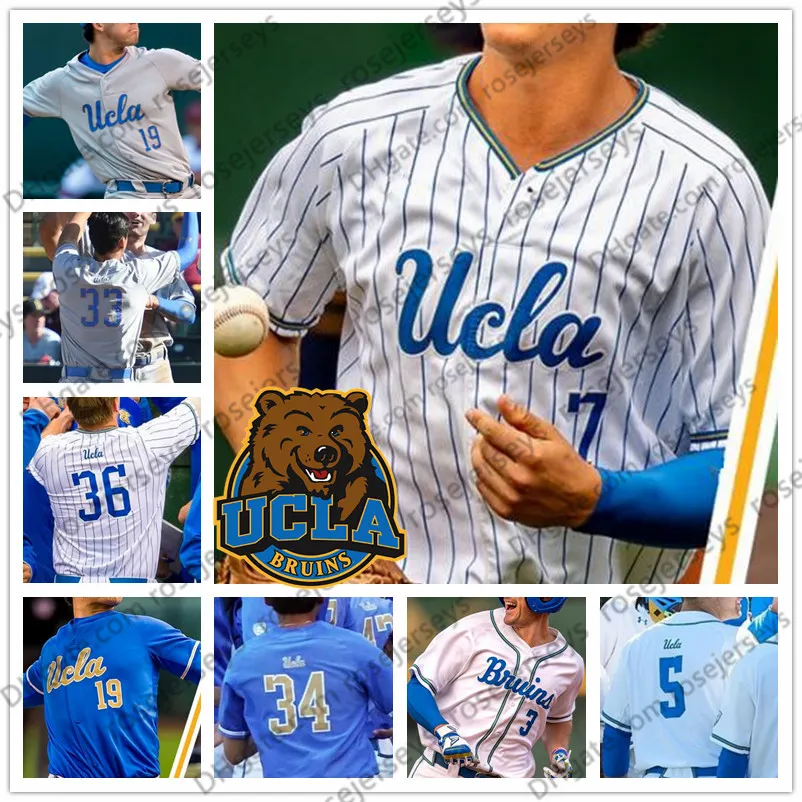 NCAA UCLA # 3 Brandon Crawford 7 Chase Utley 12 Gerrit Cole 42 Robinson White Gray Light Blue 2019 Retro College Baseball Jersey 4XL