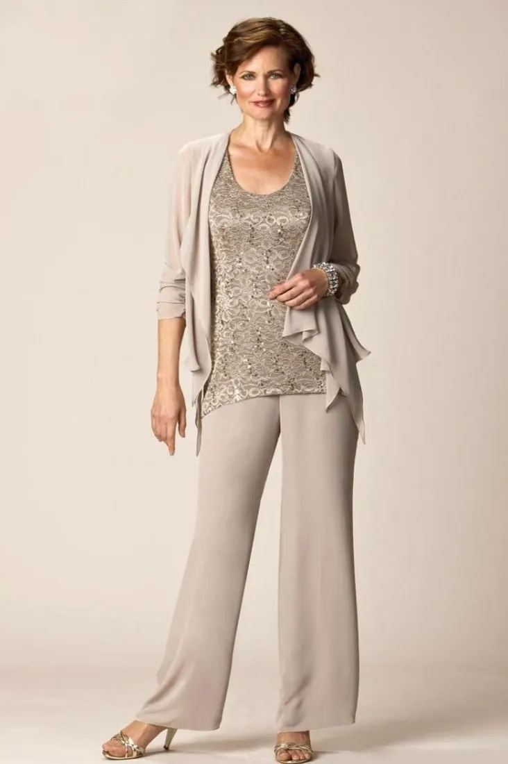 Chic Three Piece Mother Of The Bride Pant Suit With Long Sleeves