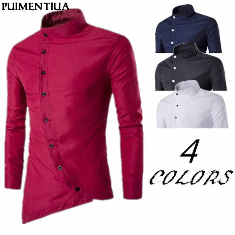 Puimentiua 2019 Spring Autumn Men's Button Irregular Casual Shirt Long Sleeve Slim Fit Male Shirts Solid Stand Cotton Men Shirts