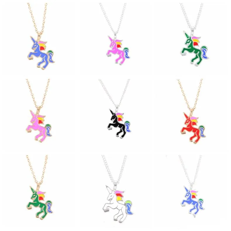 Kids Jewelry Fashion Colored Glaze Drop Oil Rainbow Unicorn Pendant Necklaces Simple Children Chain Necklace Christmas Birthday Gifts