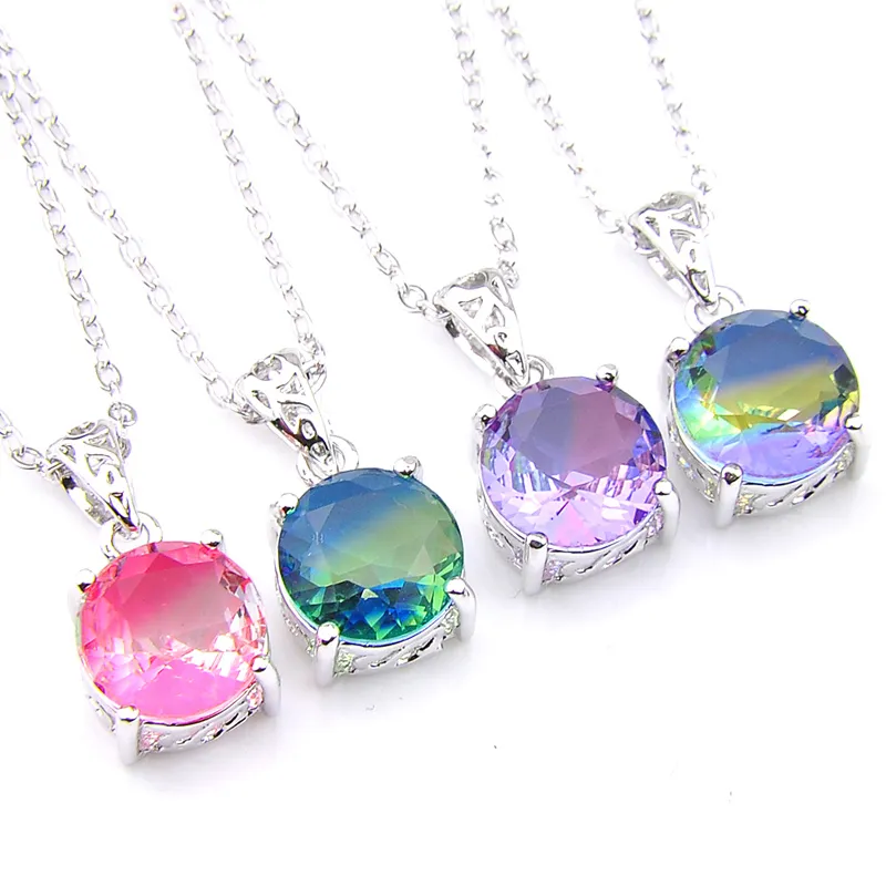 12pcs Luckyshine Wedding Jewelry Gift Round Cut Bi Color Tourmaline Gems 925 Sterling Silver Necklace Pendant Gift Jewelry With Free Chain