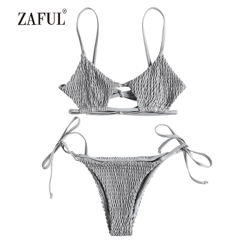 Zaful Smocked String Bikini Swimwear Women Bralette Swimsuit Low Waist