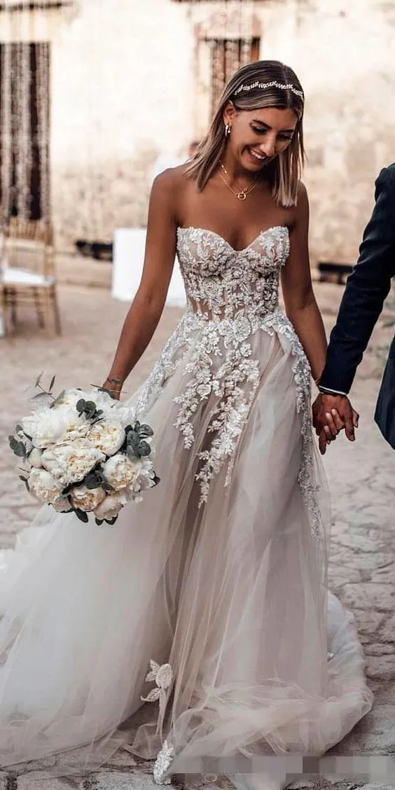 2020 nova prata cinza a linha vestidos de casamento querida decote strapless renda applique varredura trem tule feito sob encomenda vestido de noiva de casamento