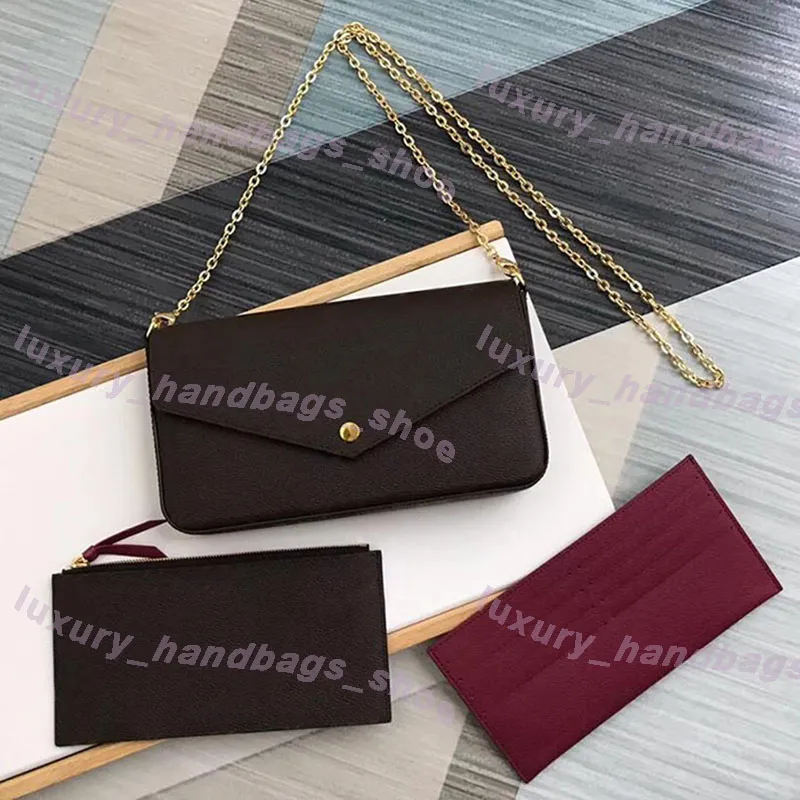 three piece suit Wallets Brown letter flower Genuine Leather Fashion Chain Shoulder Bags Handbag Mini Card Holder Purse269T