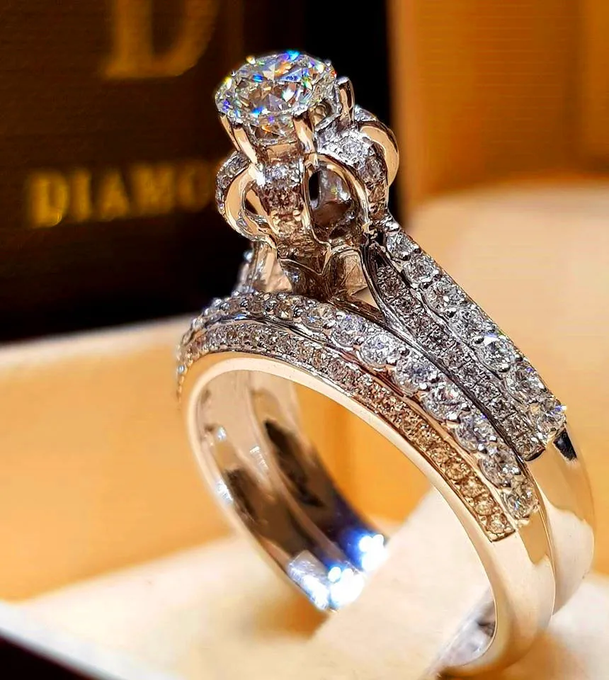 Boho Weibliche Diamant Weiß Runde Ring Set Marke Luxus Versprechen 925 Silber Verlobungsring Vintage Braut Hochzeit Ringe Für Frauen6372534