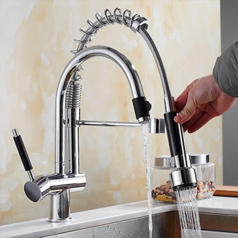 sprayer spring pull out kitchen mixer faucet, brass, chrome, two water outlet, hot and cold water sink tap