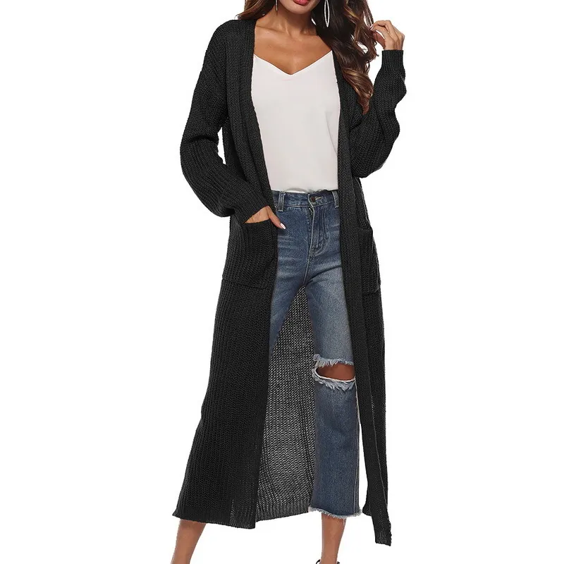 Long Cardigan mulheres outono moda longa blusas de malha feminina tops de grandes dimensões outono casual casaco preto split roupas