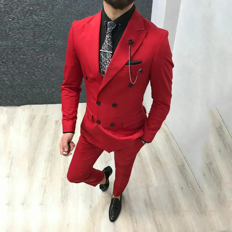 Red Men Suits Skinny Groom Tuxedo Peak Design Man Blazer Wedding ...