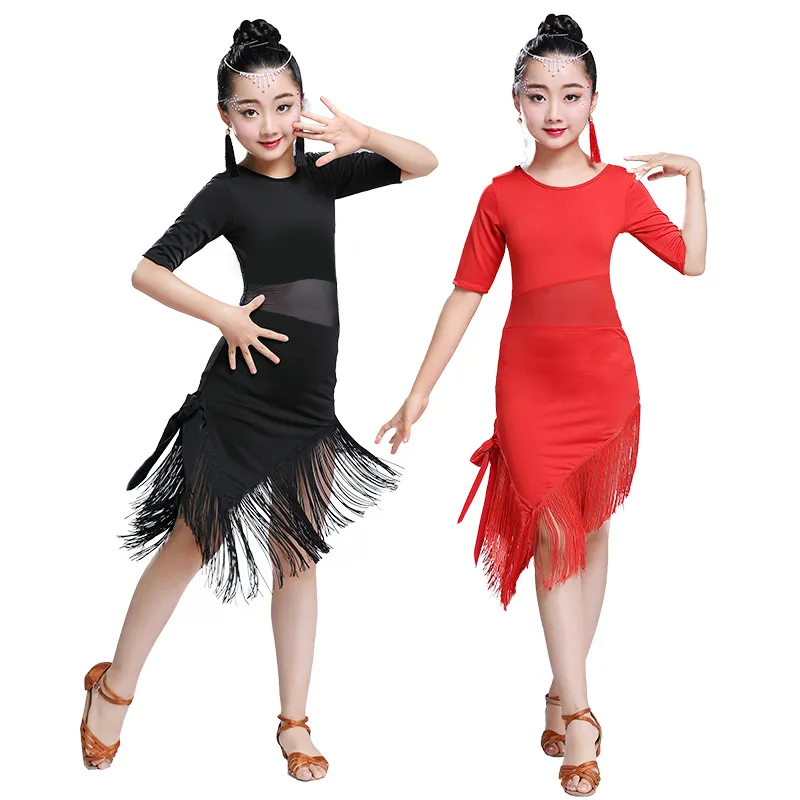 Çocuklar Çocuk Kızlar Latin Dans Elbise Saçak Latin Dans Giysileri Salsa Kostüm Siyah Kırmızı Balo Salonu Tango Elbiseler