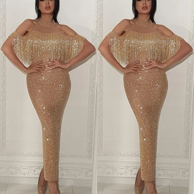 Sparkly Gold Sequined Mermaid Long Prom Dresses 2019 Ny stil Ankel Längd Hög Neck Off Shoulder Formal Evening Party Crows With Tassel