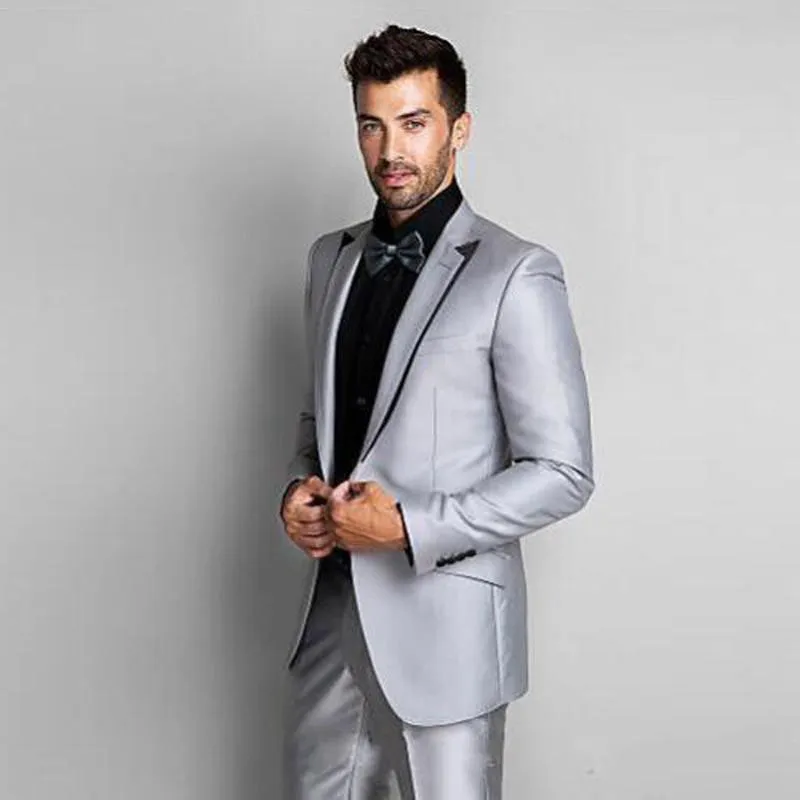 Silver Grey Men Formalne Business Tuxedos Dwie Kawałki (Blaze + Spodnie) Dżentelmenów Wesele Bankiet Kombinezony z karbowaną Godną odzieżą