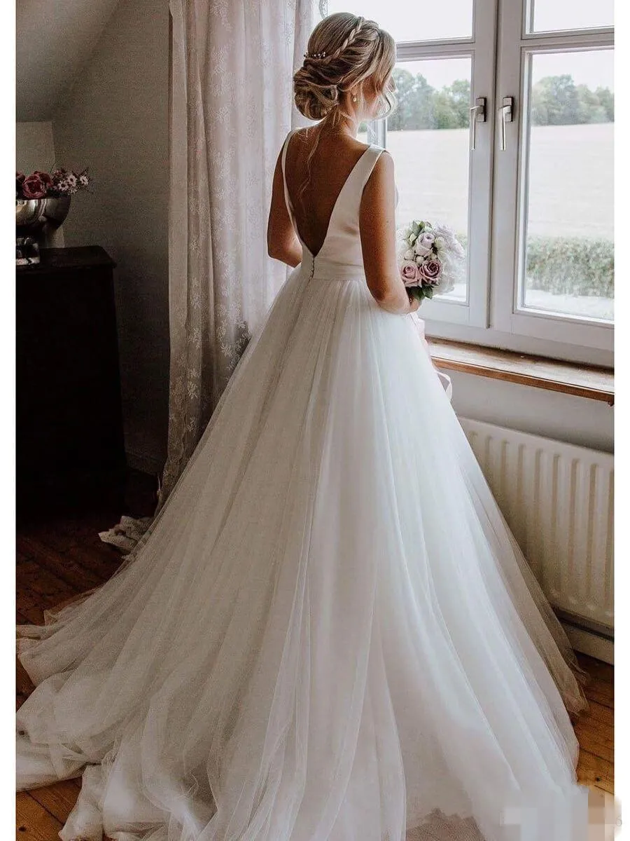 Elegant Vintage Satin En Linje Bröllopsklänningar Tulle Ärmlös 2019 Bateau Neckline Bowless Country Wedding Gown Vestido de Novia