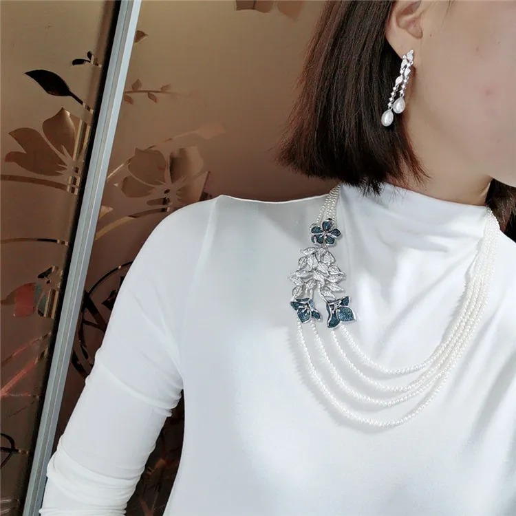 Belle 4 brins 4-5mm blanc perle d'eau douce micro incrustation zircon boucle fleur accessoires collier long 45-53cm