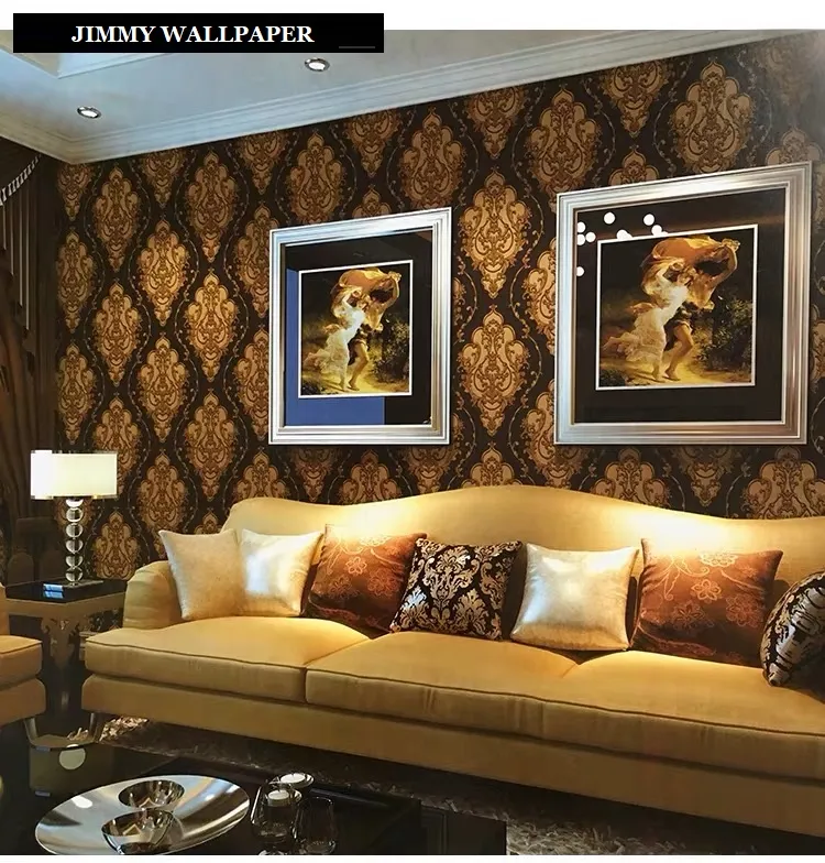 Luxury 3D Vinyl Wallpaper Black & Gold Wall Paper Rolls Textured Metallic  Damask