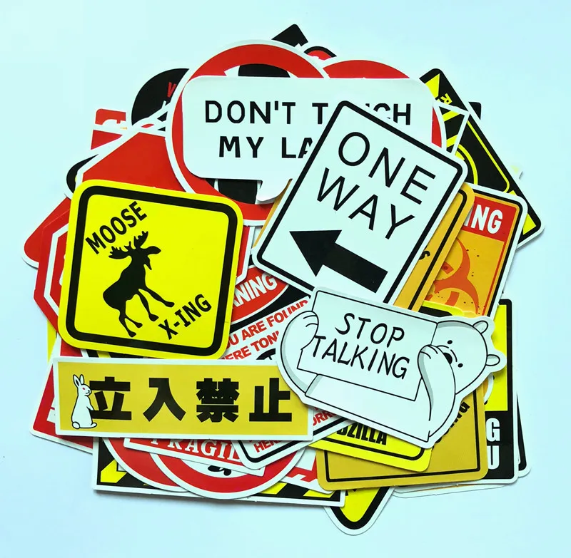 50pcs Lot Warning Sign Fashion Waterproof PVC Removable Stickers Laptop Skateboard Guitar Luggage Case Car Motorcycle Bike Graffit243g