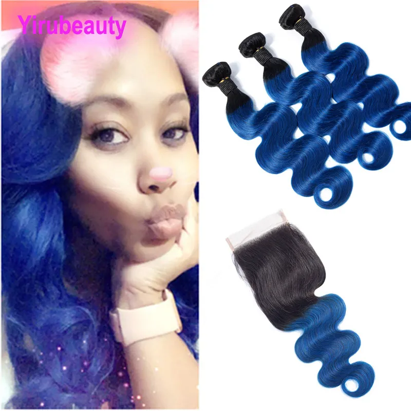 Cabelo humano malaio 1B/azul 3 pacotes com fechamento de renda 4X4 com onda corporal de cabelo de bebê 10-28 polegadas tece cabelo 1b onda corporal azul