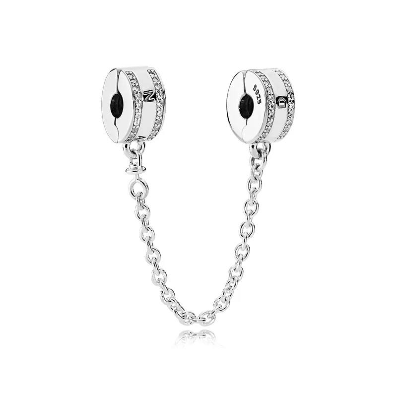 Mode Charm Silikon Säkerhetskedja Lämplig för Pandora Original Box Set 925 Sterling Silver med CZ Diamond DIY Silikon Säkerhetskedja