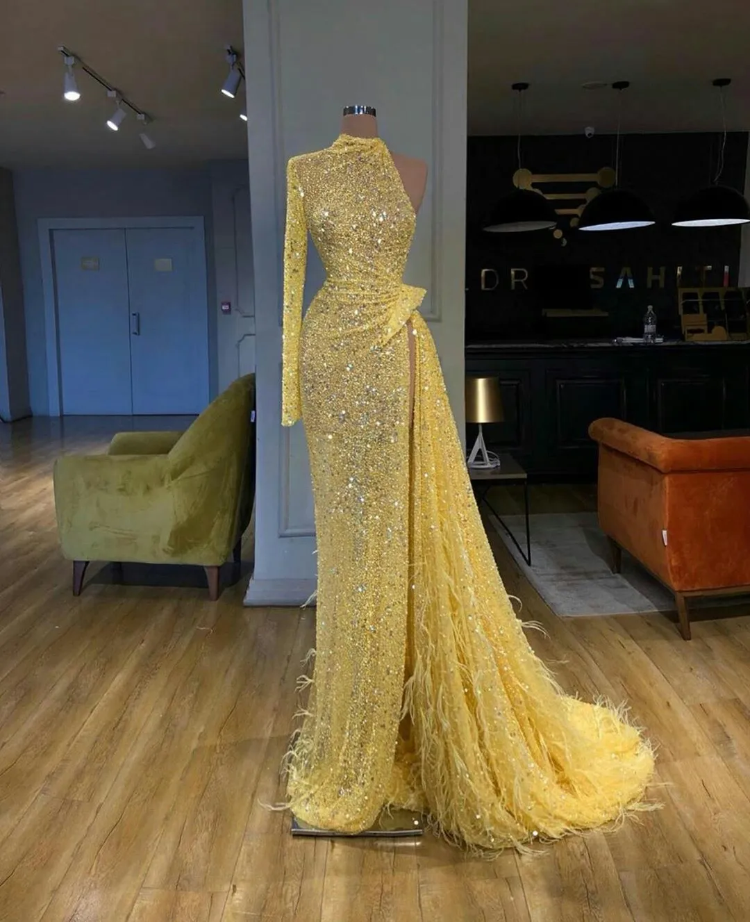 Classy Strapless Yellow Chiffon Sequin Beaded Mermaid Party Dress Long Evening Dress