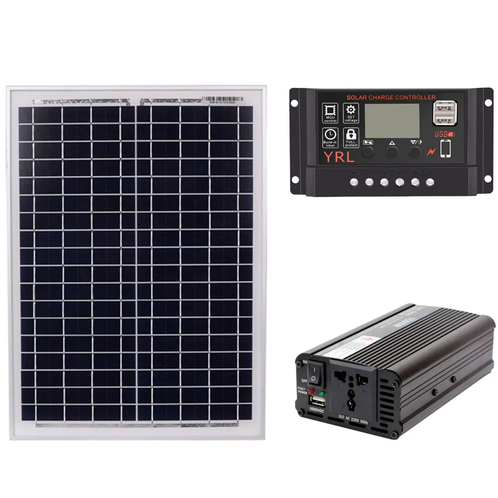 Freeshipping 18V20W Solpanel + 12V / 24V Controller + 1500W Inverter AC220V Kit, lämplig för utomhus och hemma solenergibesparande P