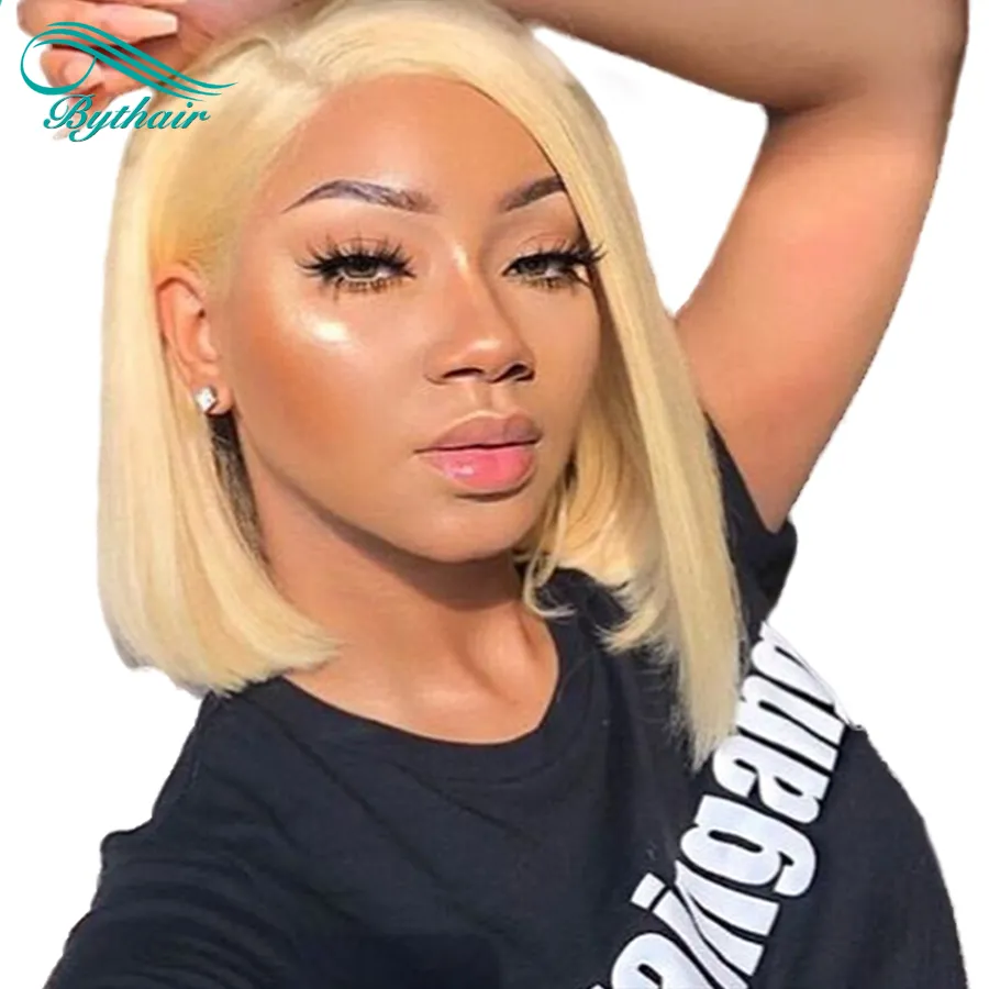 Bythair Color #613 Blonde Wig Glueless Short Bob Silky Straight Brazilian Virgin Human Hair Lace Front Wig For White Women