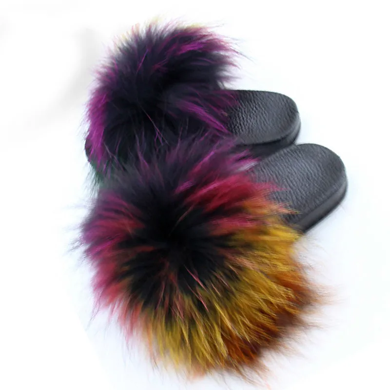 Coolsa New Fox Fur Slippers Real Fur Slides Fluffy Fox Hair Sandals PU Flat Women Fuzzy Home Flip Flop Beach Shoes