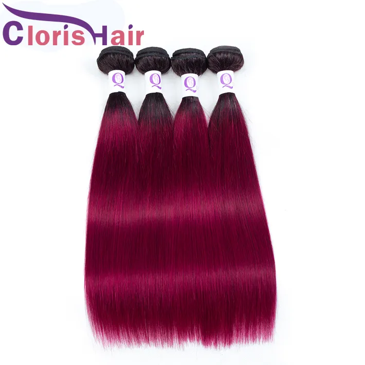 Burgundy Ombre buntar Straight Human Hair Brazilian Virgin 1B Red Colored Extensions 3pcs Deals Billiga Mjuka Två Ton Naturliga Hårväv