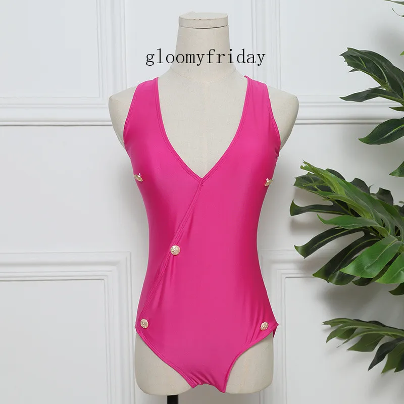 Pink Black Conjoined Clothes Jumpsuits Close-fitting Pure Color Women Swimsuit Golden Button Swimwear Girl Bathing Suit