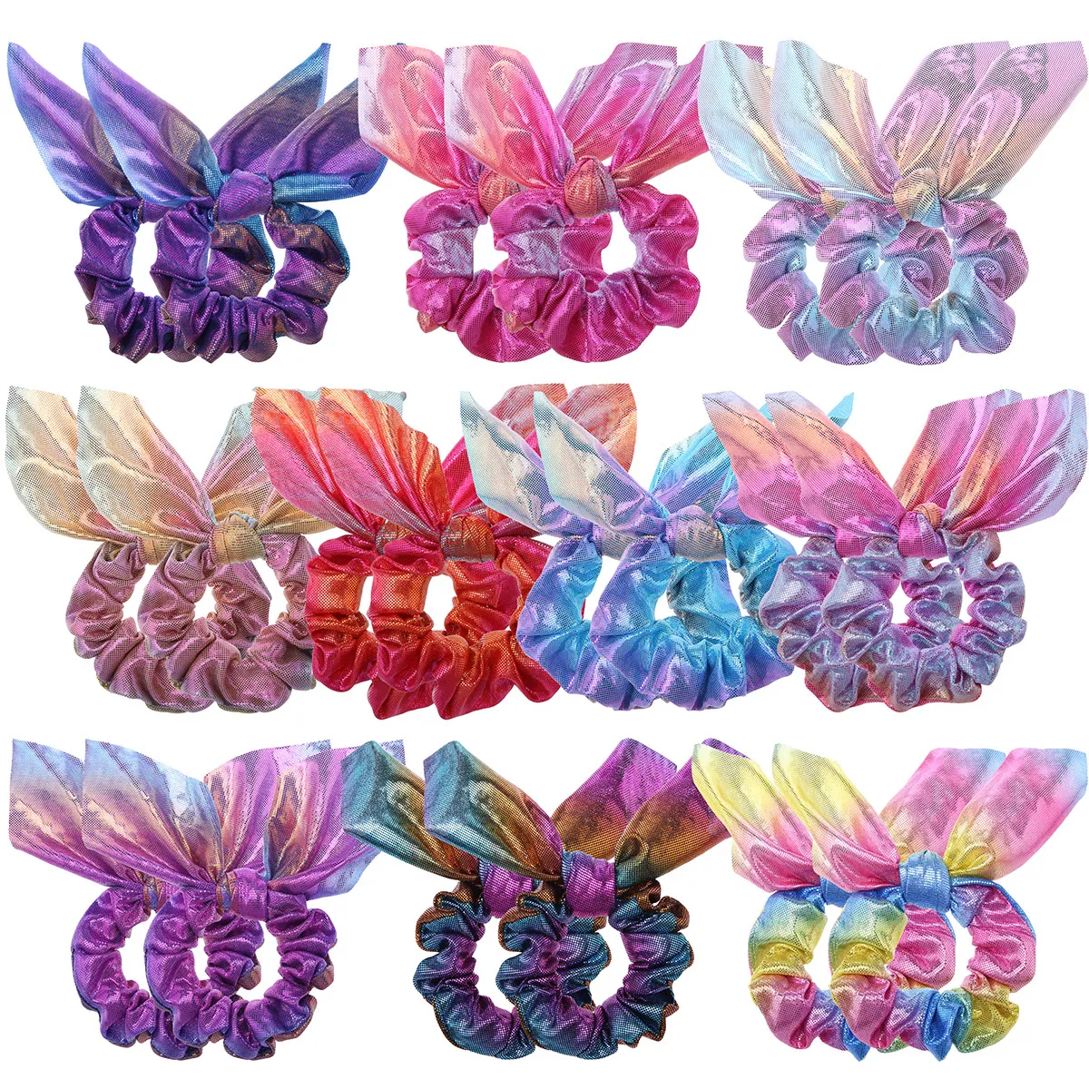 Moda orelha de coelho dourado que muda gradualmente de cor acessório de cabelo suporte de rabo de cavalo scrunchies acessórios de cabelo mix 10 designs