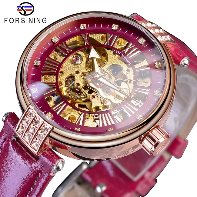 Forsining Fashion Golden Skeleton Diamond Design Red Genuine Leather Band Luminous Lady Mechanical Watches Top Brand Luxury